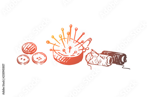 Threads, needles, buttons, sewing, dressmaking concept. Hand drawn isolated vector.