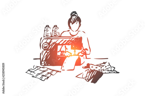 Sewing machine, woman, fabric, textile, clothing concept. Hand drawn isolated vector.