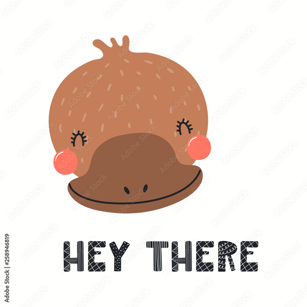 Hand drawn vector illustration of a cute funny platypus face, with lettering quote Hey there. Isolated objects on white background. Scandinavian style flat design. Concept for children print. Hand drawn vector illustration of a cute funny platypus face, with lettering quote Hey there. Isolated objects on white background. Scandinavian style flat design. Concept for children print.