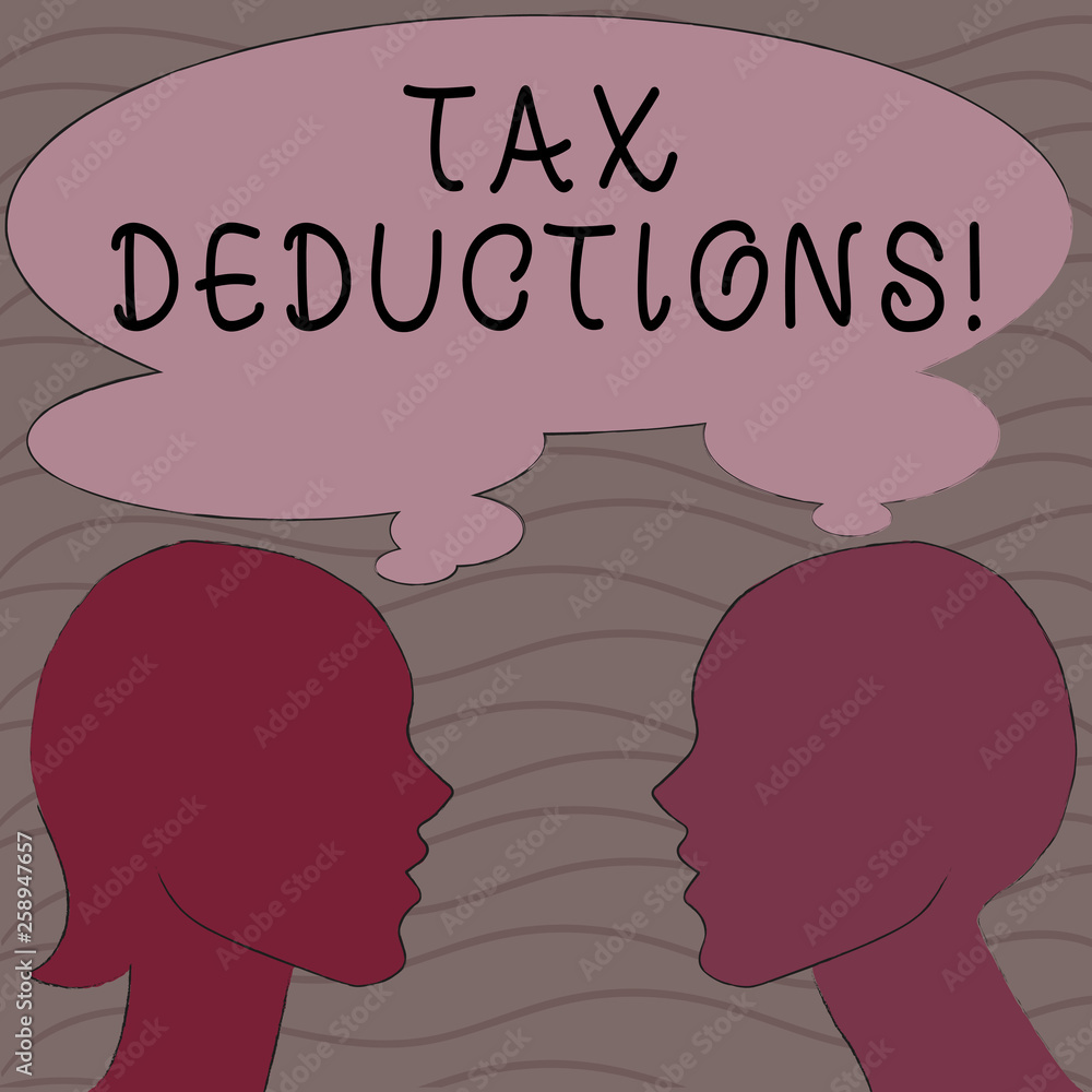 Word writing text Tax Deductions. Business photo showcasing reduction income that is able to be taxed of expenses Silhouette Sideview Profile Image of Man and Woman with Shared Thought Bubble Word writing text Tax Deductions. Business photo showcasing reduction income that is able to be taxed of expenses Silhouette Sideview Profile Image of Man and Woman with Shared Thought Bubble