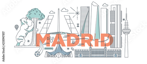 Typography word Madrid branding technology concept. Collection of flat vector web icons. Spain culture travel set, architectures, specialties detailed silhouette. Doodle European famous landmarks.