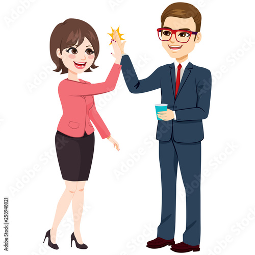Happy excited businesswoman and businessman making high five with hands 