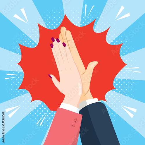 Female and male business people hands making high five greeting gesture comic style agreement concept