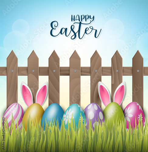 Happy Easter background with realistic 3d colorful eggs, wooden fence, flowers and hiding bunny ears. Vector illustration.