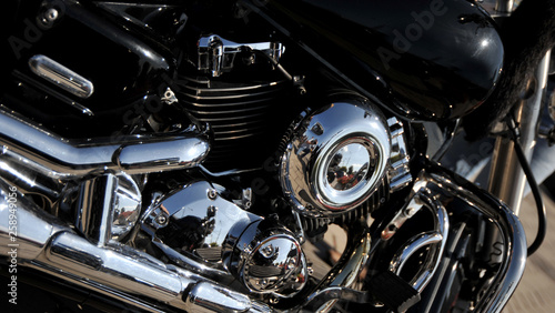 Closed chromed motorcycle engine. Small details in reflection