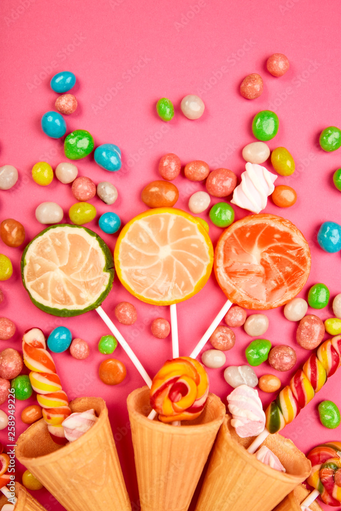 Ice cream waffles cones with colorful candy Ice cream waffles cones with colorful candy