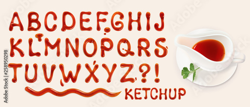 ketchup font. set of vector letters of tomato sauce photo