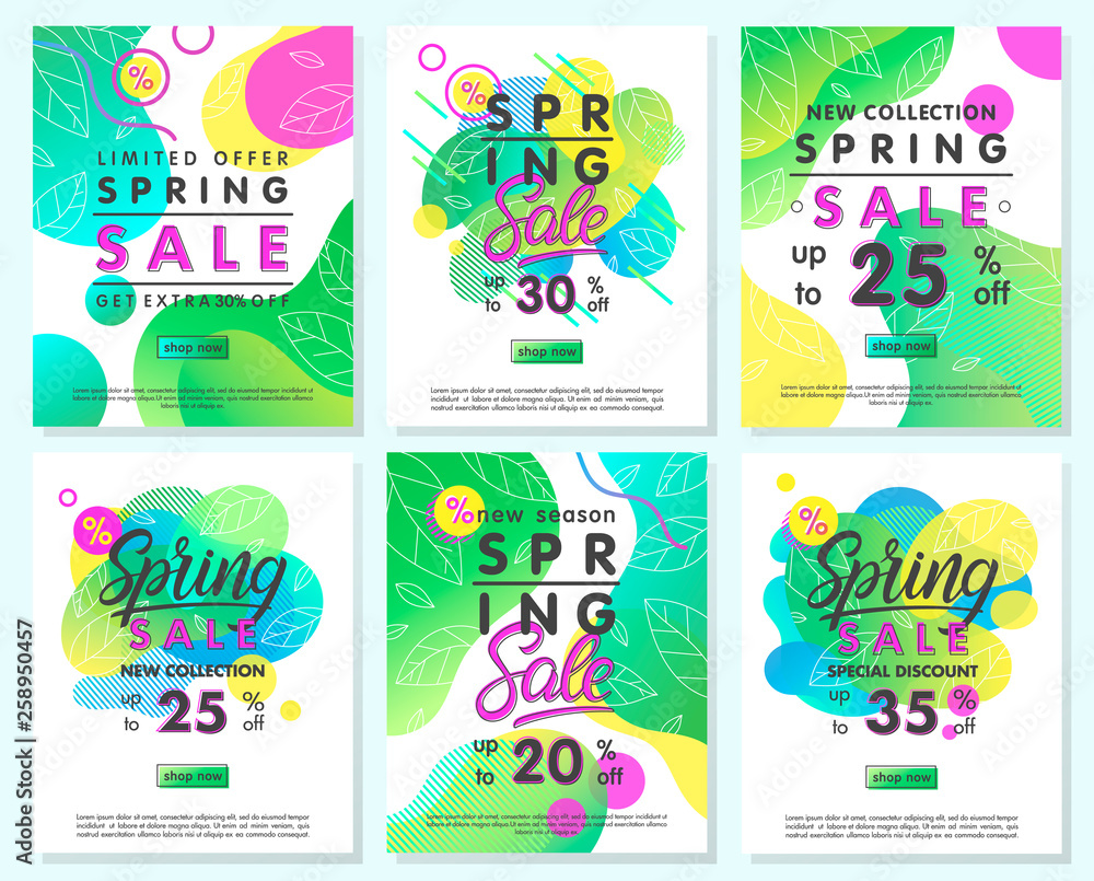 Collection of spring special offer banners.Trendy templates with gradient backgrounds,fluid shapes and geometric elements.Sale posters for prints,flyers,web banners,promotional ads,special offers.