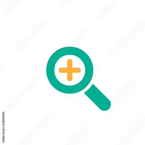 Blue magnifier with plus sign isolated on white. Magnifying glass icon. Zoom button for web pages.