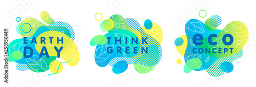 Set of trendy eco concepts with bright liquid shapes,tiny leaves and geometric elements.Fluid compositions perfect for Earth Day,prints,logos,flyers,banners design and more.Think green.Eco concepts.