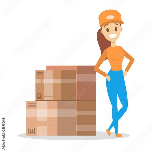 Delivery woman. Courier in uniform standing at a pile