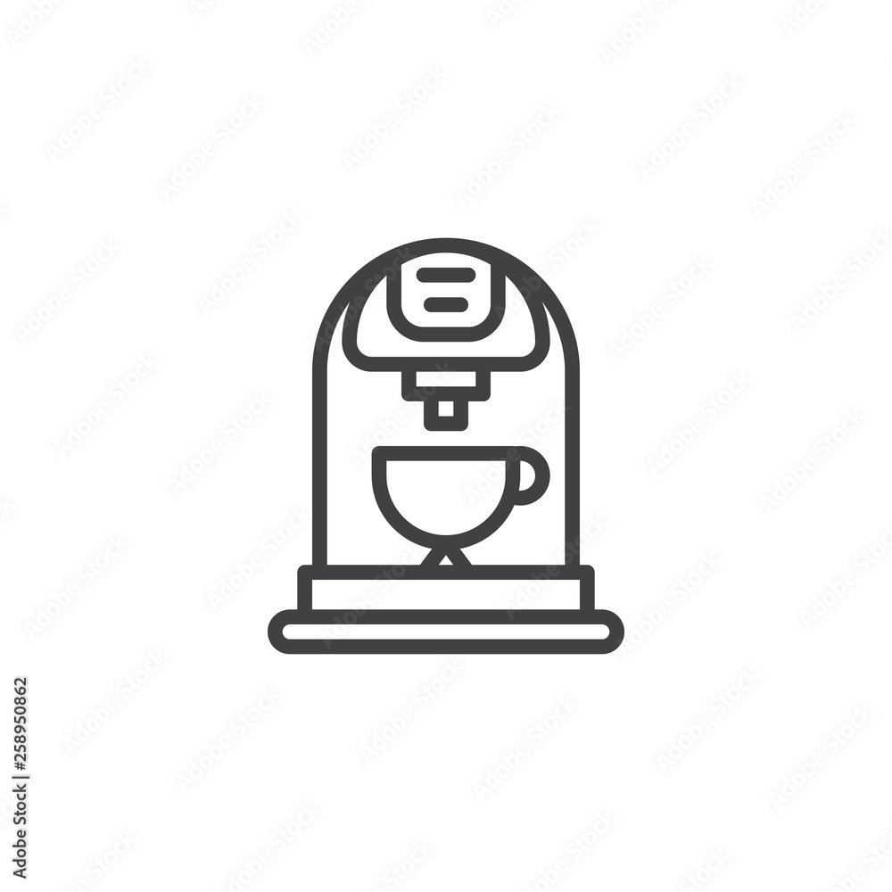 Coffee machine and cup line icon. linear style sign for mobile concept and web design. Coffee maker machine outline vector icon. Symbol, logo illustration. Pixel perfect vector graphics Coffee machine and cup line icon. linear style sign for mobile concept and web design. Coffee maker machine outline vector icon. Symbol, logo illustration. Pixel perfect vector graphics
