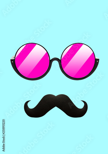 A hipster. Happiness feelings. A male face with rounded pink sunglasses and black mustache on blue background. Fashion, human nature and emotions concept. Modern design. Contemporary art collage.