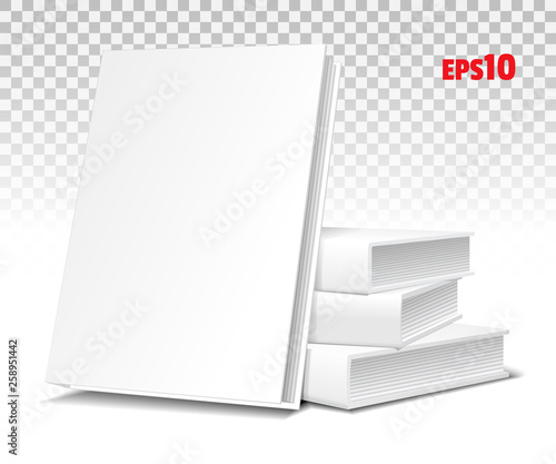 Book templates. Four pieces in a pile, three are, the fourth leaning against them. Mockup-blank cover white color for inserting images. Isolated, transparent background. Vector illustration.