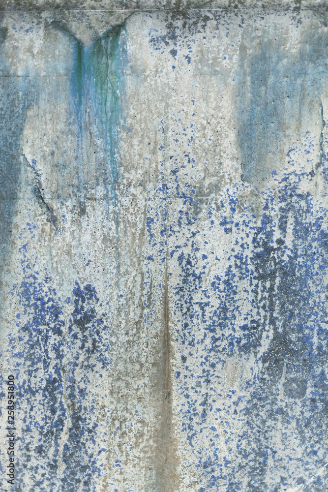 A rustic rough industrial raw concrete textured wall. Blue algae and gritty dirt.