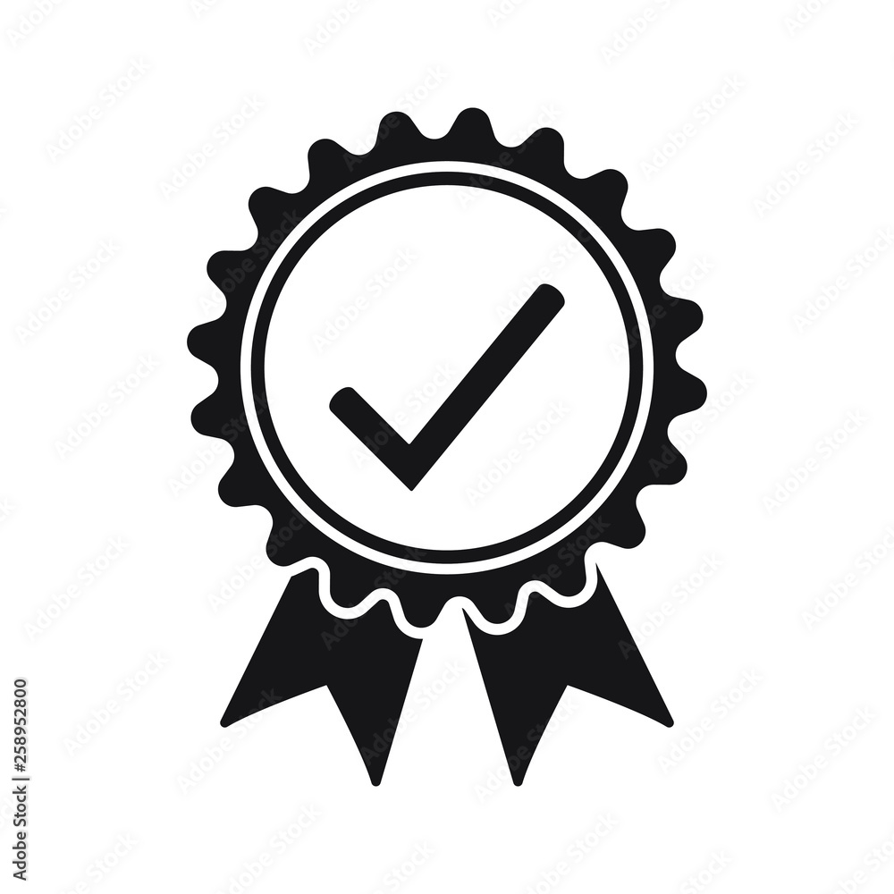 Quality check ribbon icon. Vector product certified or best choice recommended award and warranty check approved certificate mark label Quality check ribbon icon. Vector product certified or best choice recommended award and warranty check approved certificate mark label