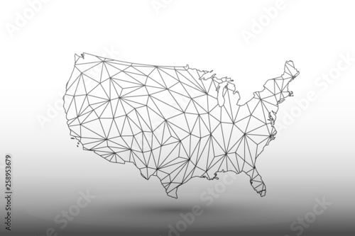Geometric USA vector map with black triangular lines and shadow on light background illustration