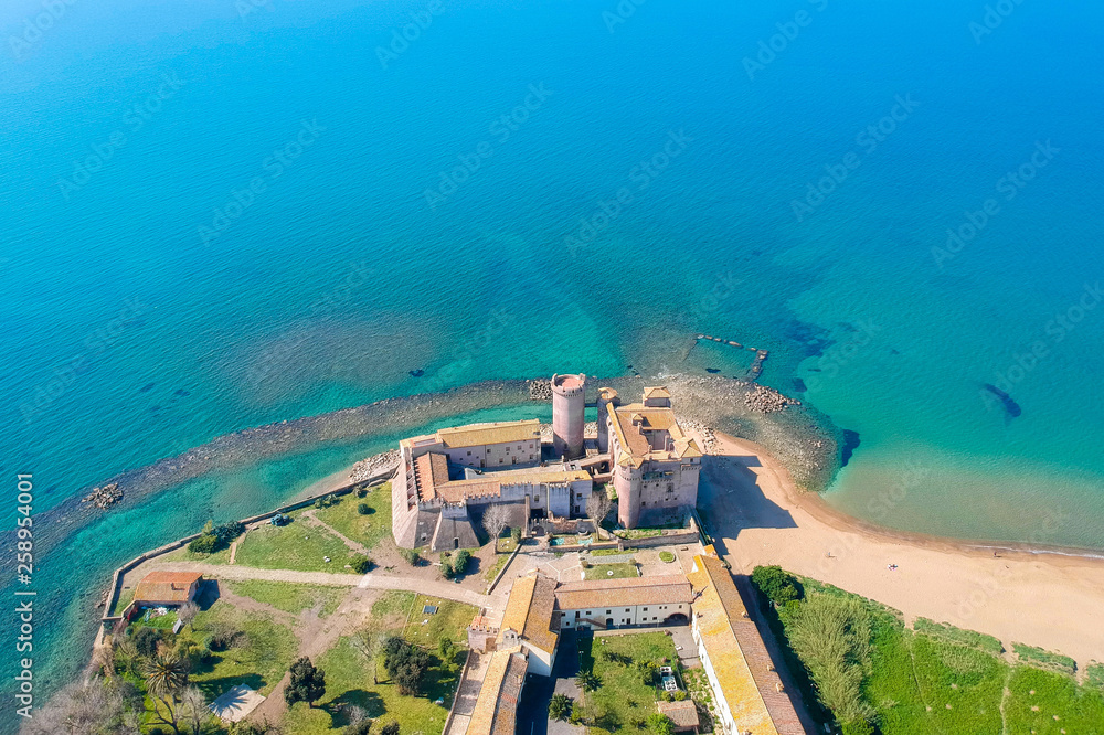 Aerial view of Castle of Santa Severa, north of Rome, italy.