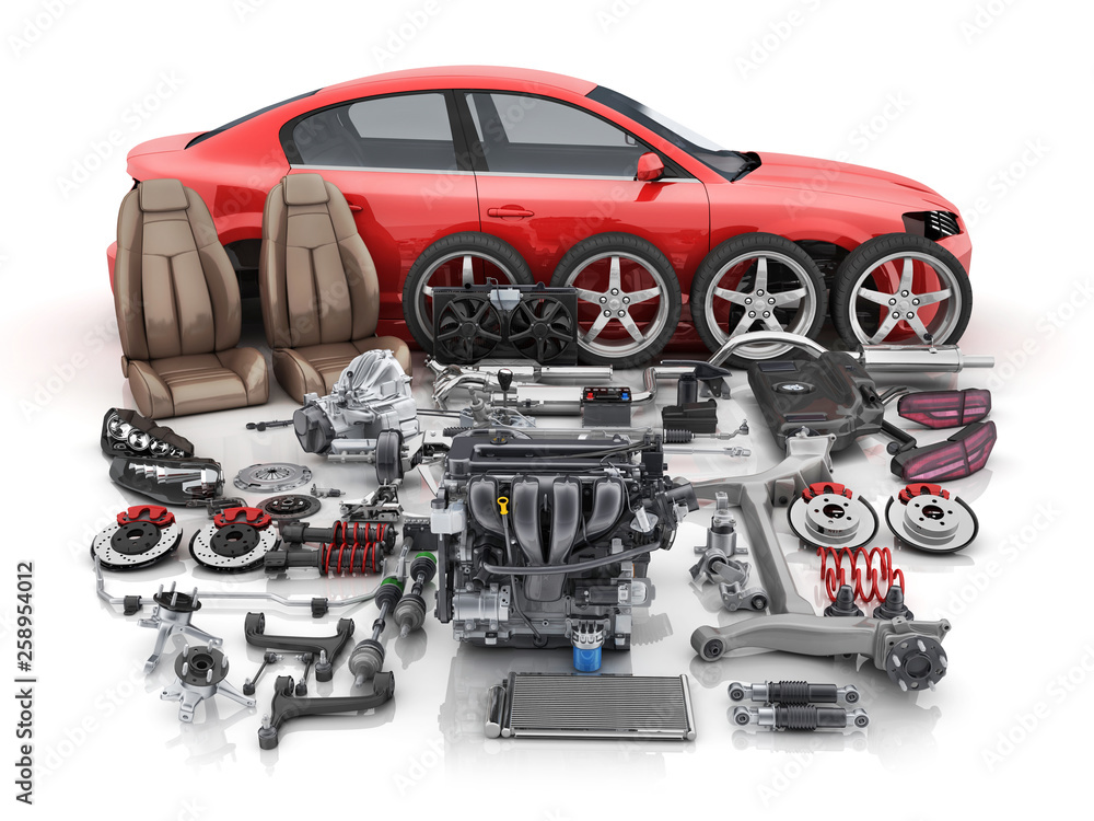Red car body disassembled and many vehicles parts Stock Illustration