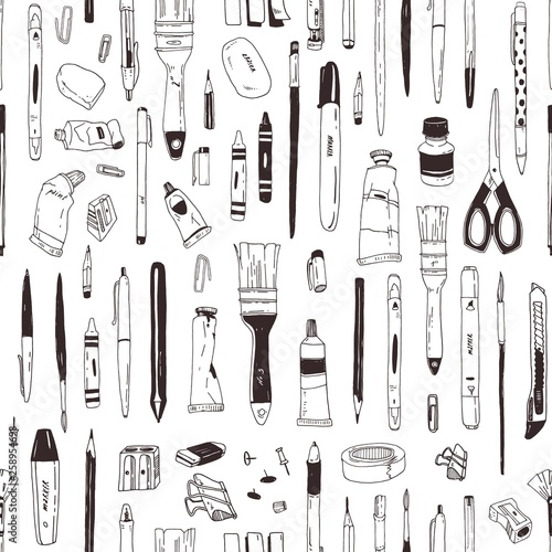 Monochrome seamless pattern with stationery, writing utensils, art supplies hand drawn with black contour lines on white background. Realistic vector illustration for wrapping paper, fabric print.