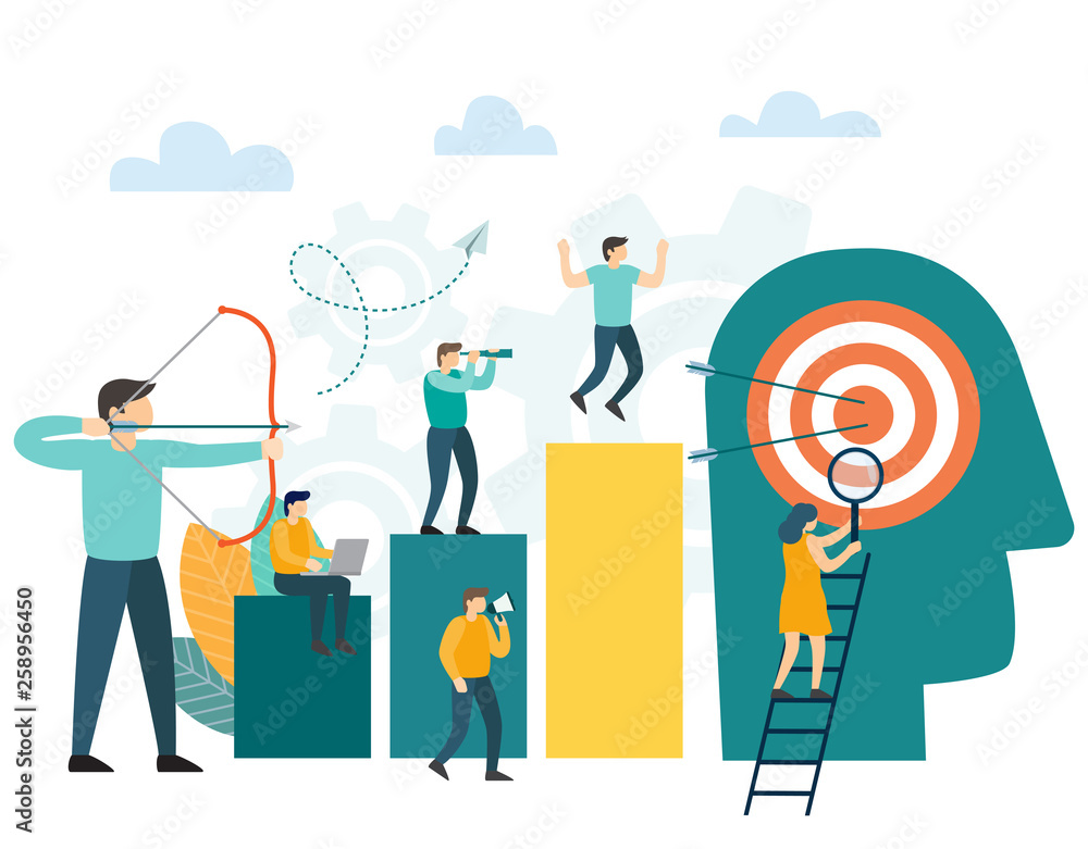 Success concept. Businessman archer aiming at a target, people run to their goal Success concept. Businessman archer aiming at a target, people run to their goal