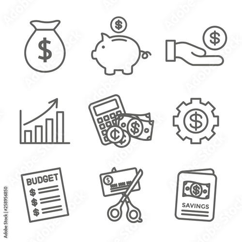 Personal Finance & Responsibility Icon Set with Money, Saving, & Banking options