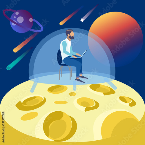 The programmer works on the moon, seclusion in space. In minimalist style Cartoon flat Vector