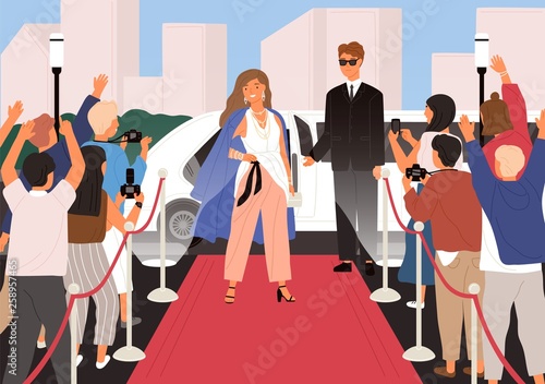 Elegant young beautiful woman, female celebrity, movie star or superstar posing in front of photographers during red carpet ceremony. Famous person. Flat cartoon colorful vector illustration.