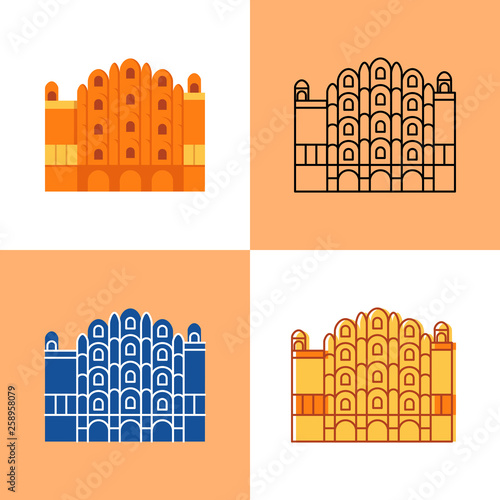 Hawa Mahal icon set in flat and line styles