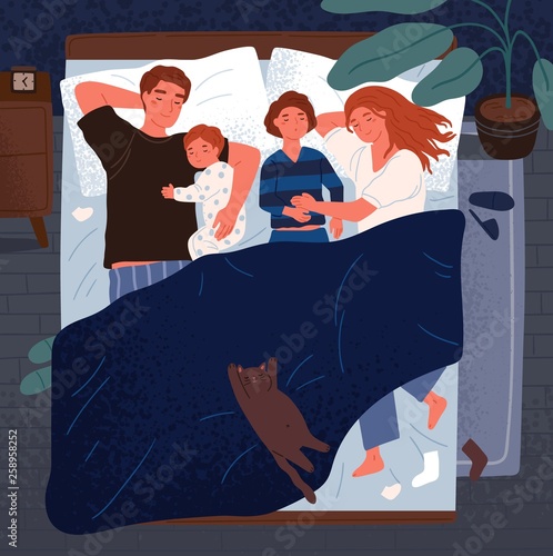 Mother, father and children sleeping together on one bed. Mom, dad and kids embracing each other and slumbering at night. Happy loving adorable family. Flat cartoon colorful vector illustration.