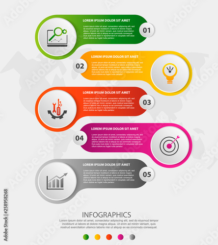 Modern 3D vector illustration. Circular infographic template with five elements and icons. Timeline designed for business, presentations, web design, applications, interfaces, diagrams with 5 steps