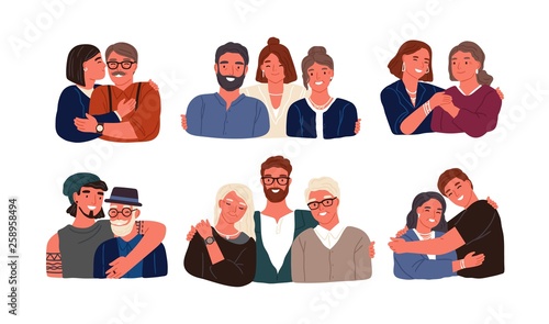 Collection of children or grandchildren with parents and grandparents. Grandfather, grandmother, father, mother and kids standing together. Cute smiling cartoon characters. Flat vector illustration.