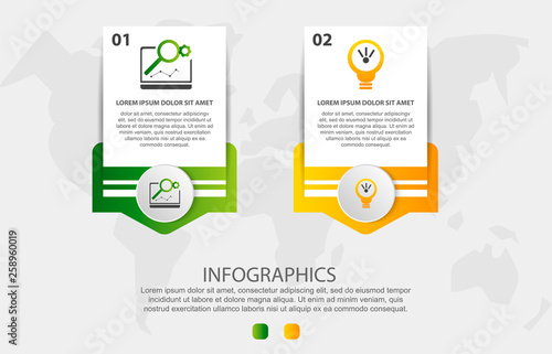 Modern vector illustration. Infographic template with two elements, circles and text. Step by step. Designed for business, presentations, web design, diagrams with 2 steps