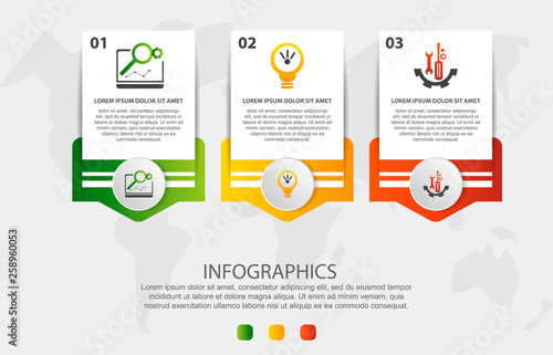 Modern vector illustration. Infographic template with three elements, circles and text. Step by step. Designed for business, presentations, web design, diagrams with 3 steps
