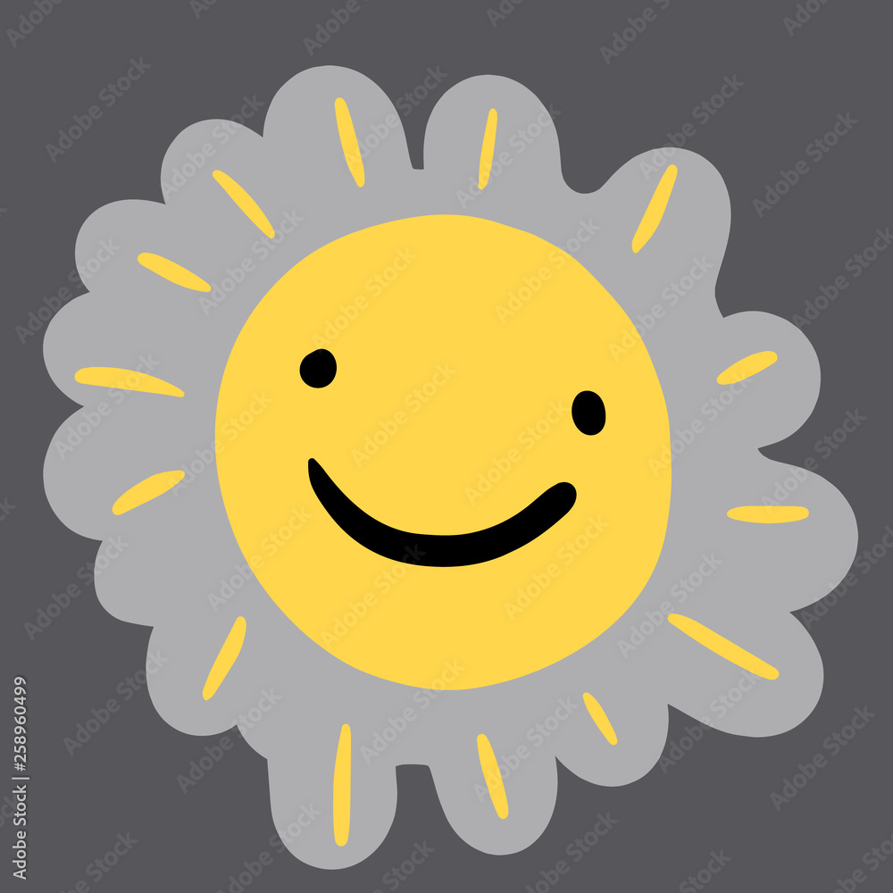 Cute smiling sun emoji hand drawn sticker yellow color