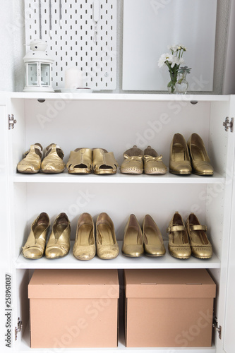 Old fashionable women shoes painted with gold paint. Capsule wardrobe, order in the closet, shoes compiled neatly. Concept. Cleaning. Wardrobe order. Cloak study. Footwear.
