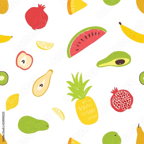 Summertime seamless pattern with exotic fresh juicy fruits on white background