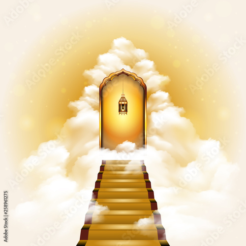 Stairway to heaven door with realistic lighted candle lantern. The concept of religions and philosophical topics.