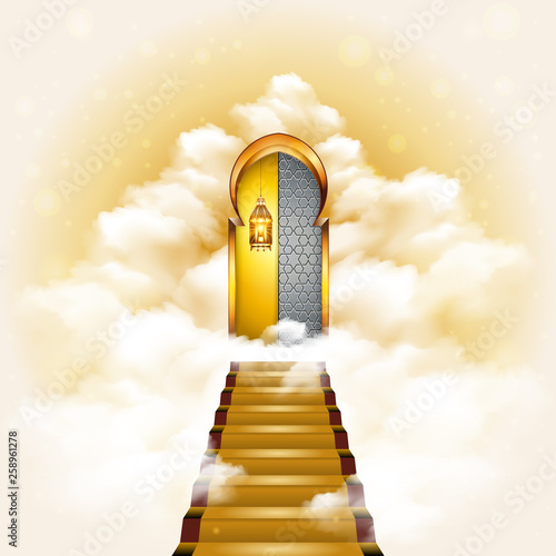 Stairway to heaven door with realistic lighted candle lantern. The concept of religions and philosophical topics.