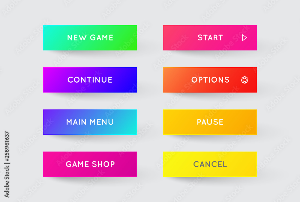 Vector Set of Modern Gradient App or Game Buttons. Trendy gradient colors with shadows. Vector Set of Modern Gradient App or Game Buttons. Trendy gradient colors with shadows.