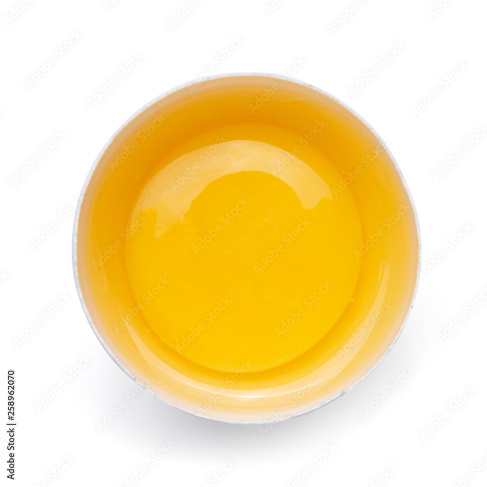 top view of one broken egg isolated on white background top view of one broken egg isolated on white background
