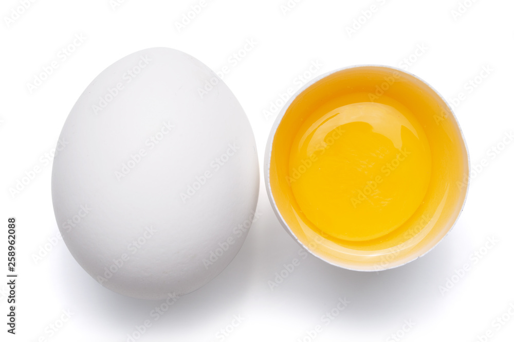 top view of group eggs and one broken egg isolated on white background