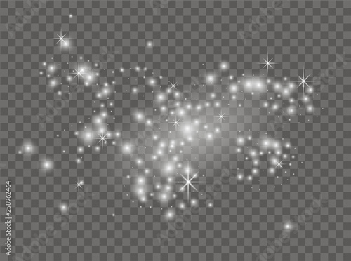 White sparks and stars. Shine with light. Vector.Dust white. Sparkles with transparent background. Christmas abstract pattern. Sparkling magic Dust Particles.