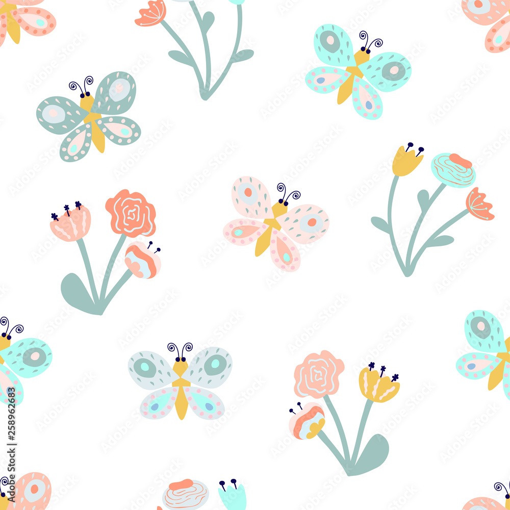 Romantic seamless pattern with stylish flowers and butterflies.  Cartoon flowers and butterflies vector illustration in scandinavian style. Great for fabric, textile.