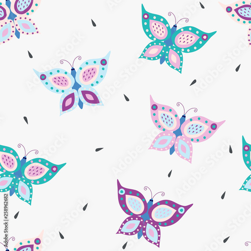 Romantic seamless pattern with stylish butterflies.  Cartoon butterflies vector illustration in scandinavian style. Great for fabric, textile. © Марина Дураева