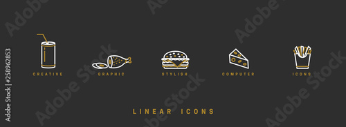 Food icons in linear style. icon burger, meat dish, soda drink, triangular cheese and french fries vector graphic.