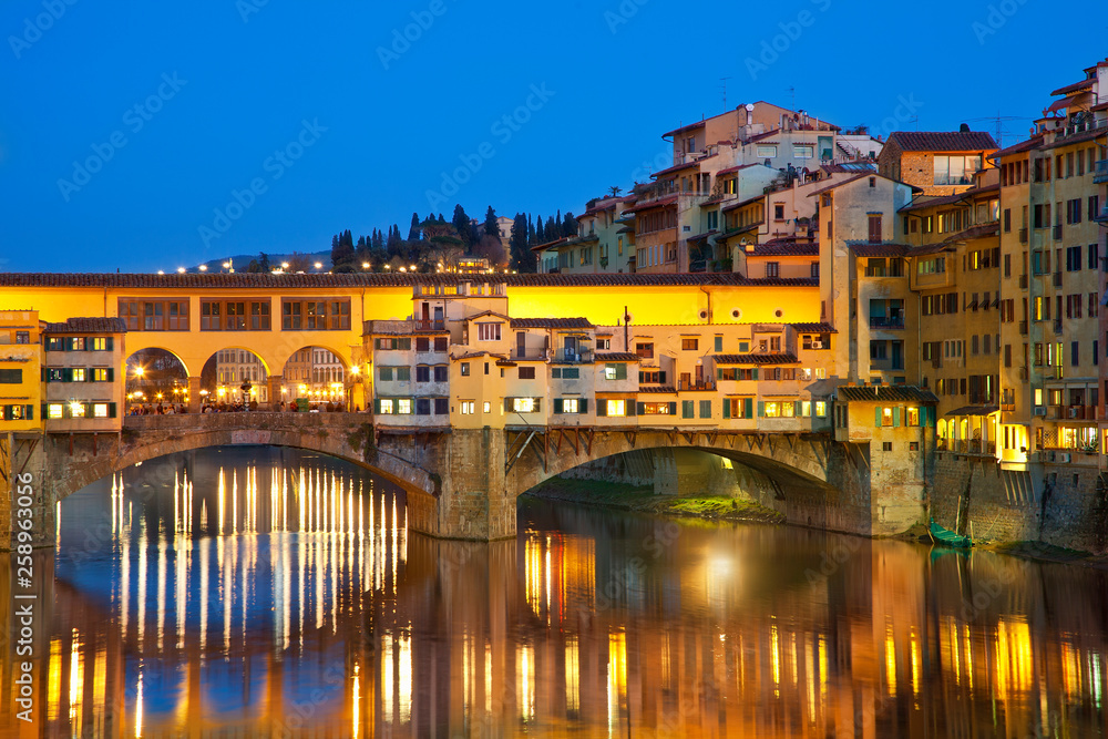 Italy, Florence, Ponte Vecchio over the Arno River at Dusk