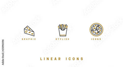 Food icons in linear style. icon pizza, cheese, french fries, vector graphic.