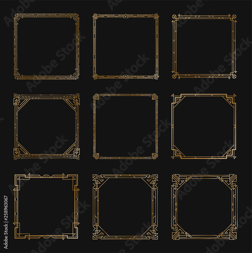 Art Deco Square Gold Frames and Borders Set. Trendy Gatsby Design Elements. Retro Art Deco Style. Isolated. Vector.