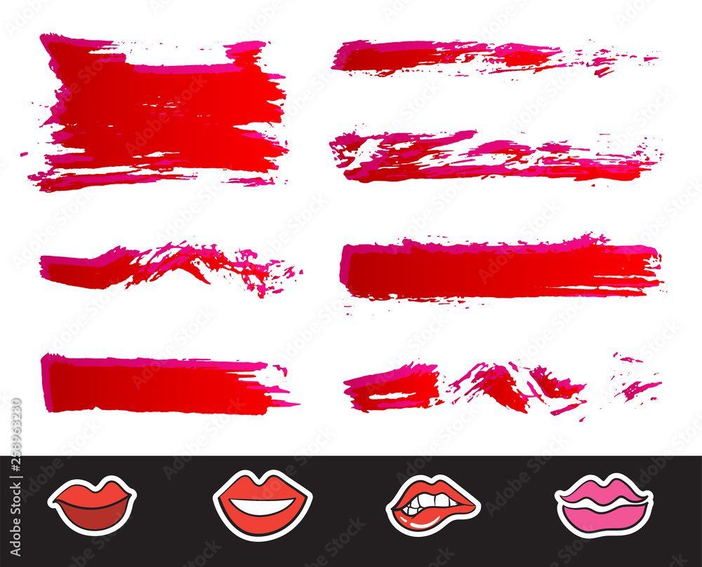 Red Lipstick Smears Set. Texture brush strokes isolated on white background. Make up. Vector illustration. Red Lipstick Smears Set. Texture brush strokes isolated on white background. Make up. Vector illustration.